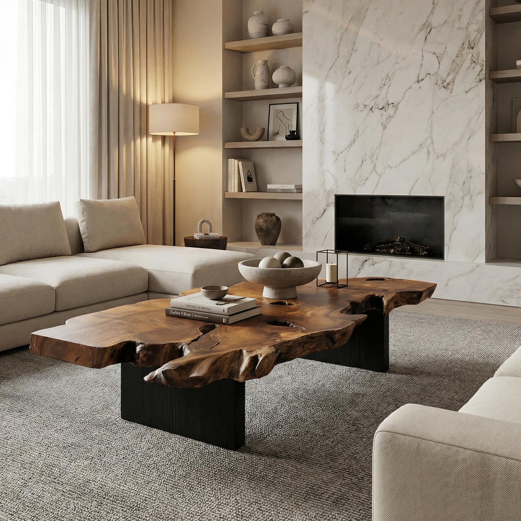Spry Interior Rustic Live Edge Wood Coffee Table, Solid Wood Slab Center Table for Living Room & Lounge, SINLSACF347