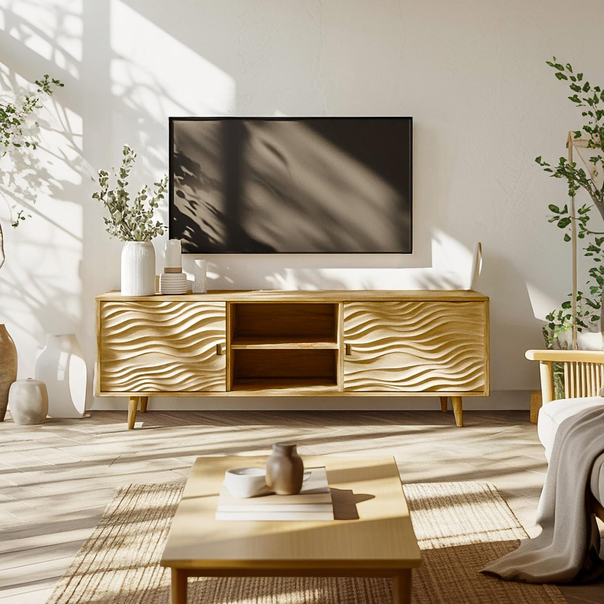 Scandinavian Natural Oak Wood TV Stand, Minimalist Mid Century Media Entertainment Console Cabinet, Model