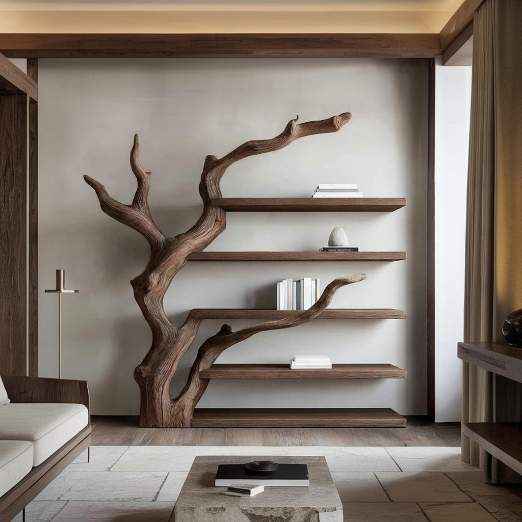 Rustic Tree-Inspired Floating Wall Shelf, Wood Branch Book & Plant Display Shelving