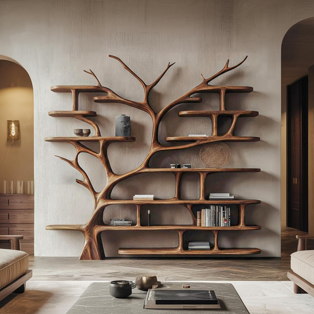 Rustic Tree Bookshelf Storage Tower, Wooden Branch Book Display Stand for Living Room & Office