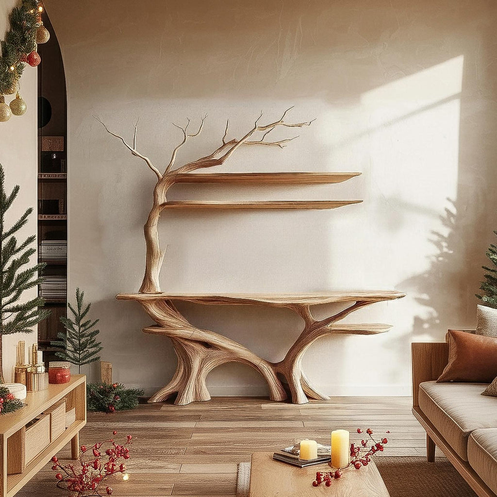 Rustic Tree Console Table, Sculptural Solid Wood Branch Base, Handcrafted Entryway & Foyer Holiday Table