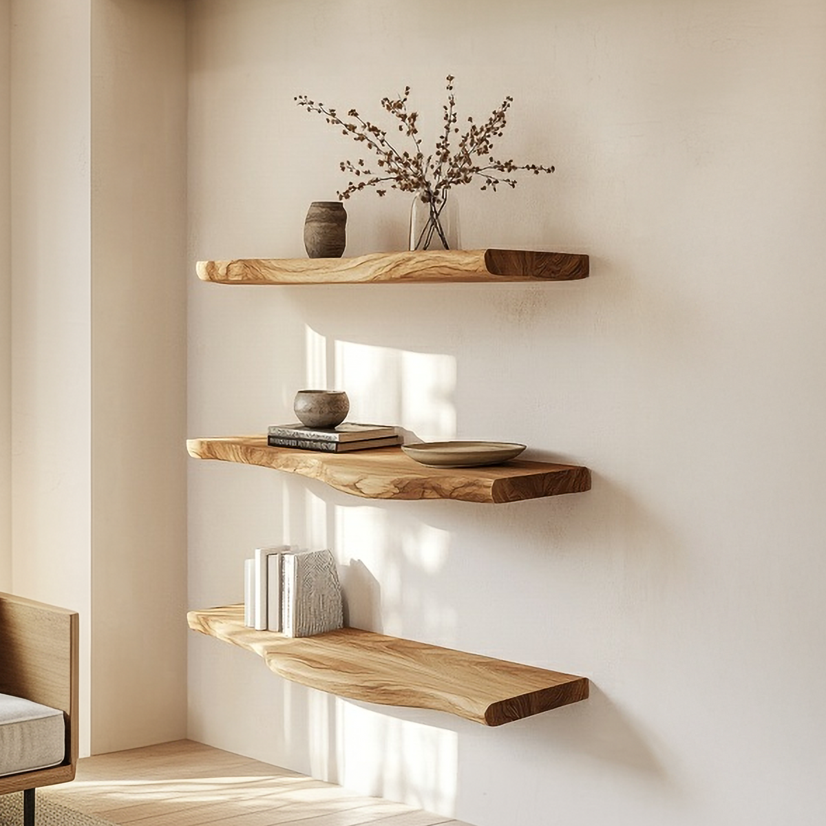 Rustic Sculptural Solid Wood Floating Shelf, Handcrafted Wall Mount Display, Statement Interior Design Wood Ledge