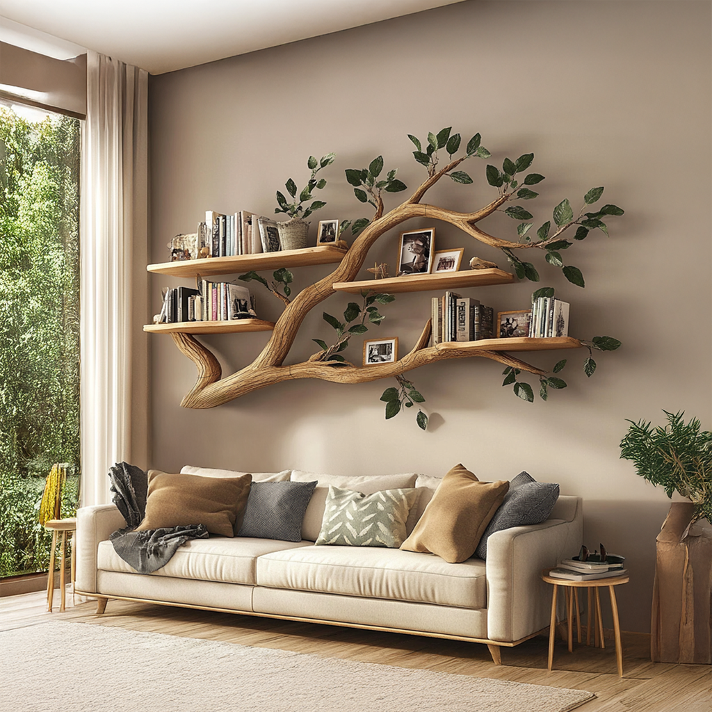 Rustic Wall Mounted Branch Bookshelf, Solid Wood Hanging Floating Bookcase & Decorative Display for Living Room Storage