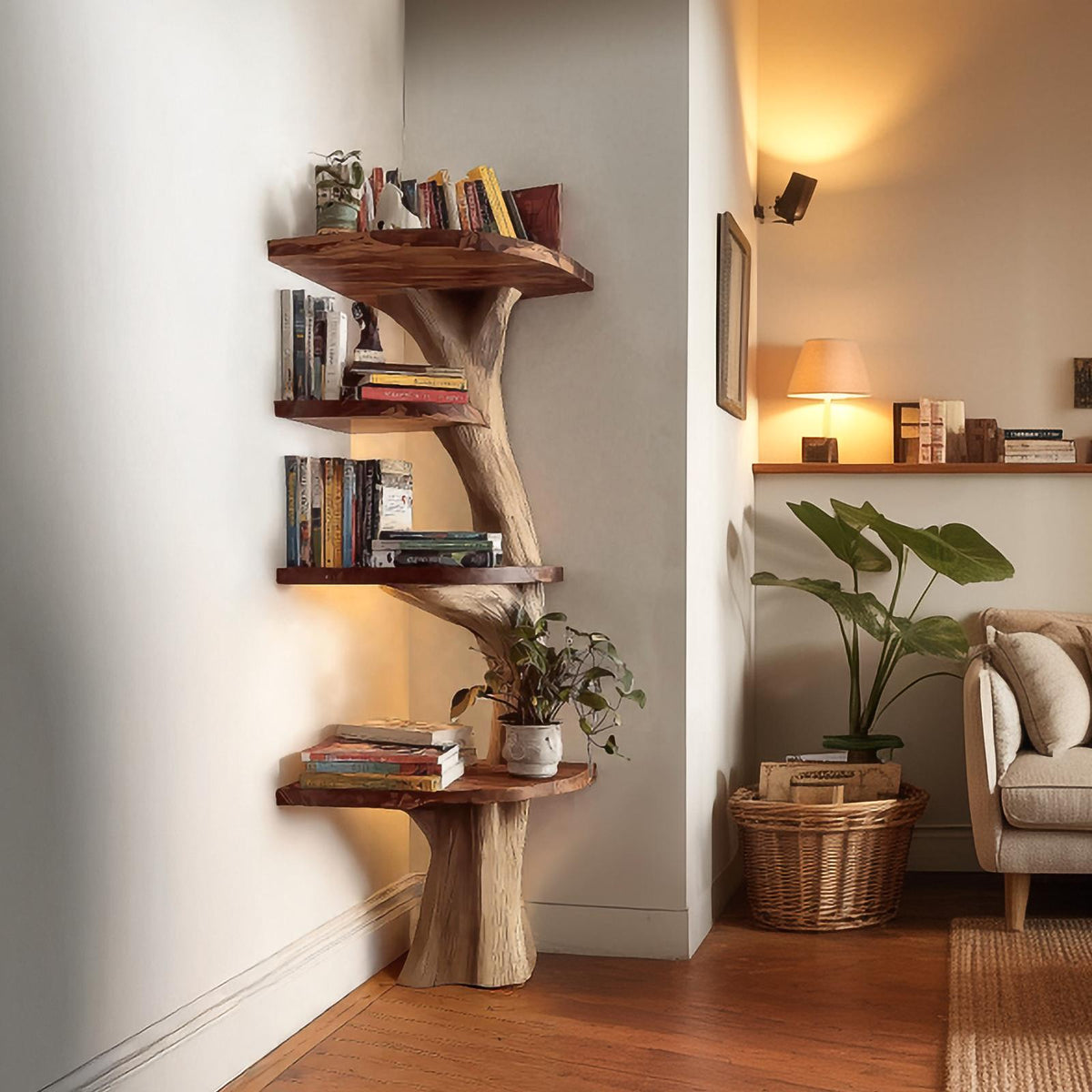 Rustic Handcrafted Wood Tree Shelf Unit, Floating Branch Wall Mounted Display Bookcase for Living Room Art Accent
