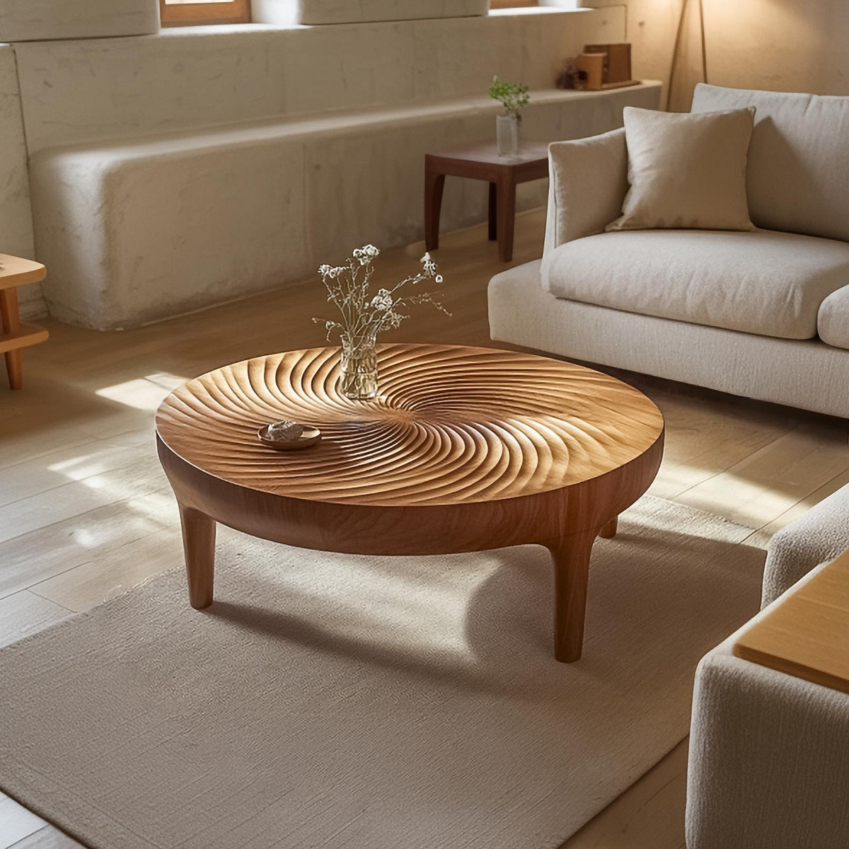 Ripple Carved Solid Wood Coffee Table, Artistic Handcrafted Center Table for Luxury Living Room Interior Decor