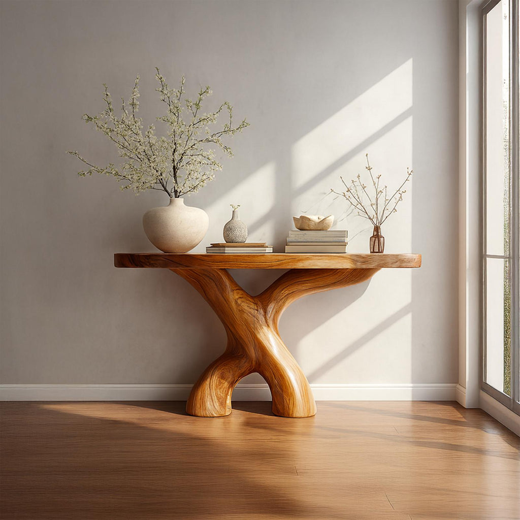 Mid Century Organic Wood Console Table, Hallway & Entryway Accent Sofa Table, Model