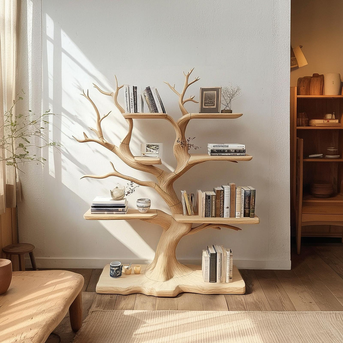 Rustic Organic Standing Tree Shelf, Free Standing Solid Wood Branch Bookshelf & Artistic Display for Bedroom, Living Room