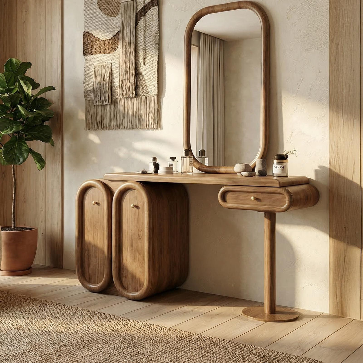 Spry Interior Modern Dressing Table with Storage, Solid Wood Unique Sculptural Makeup Vanity Desk for Bedroom Decor, SINLSABDT050