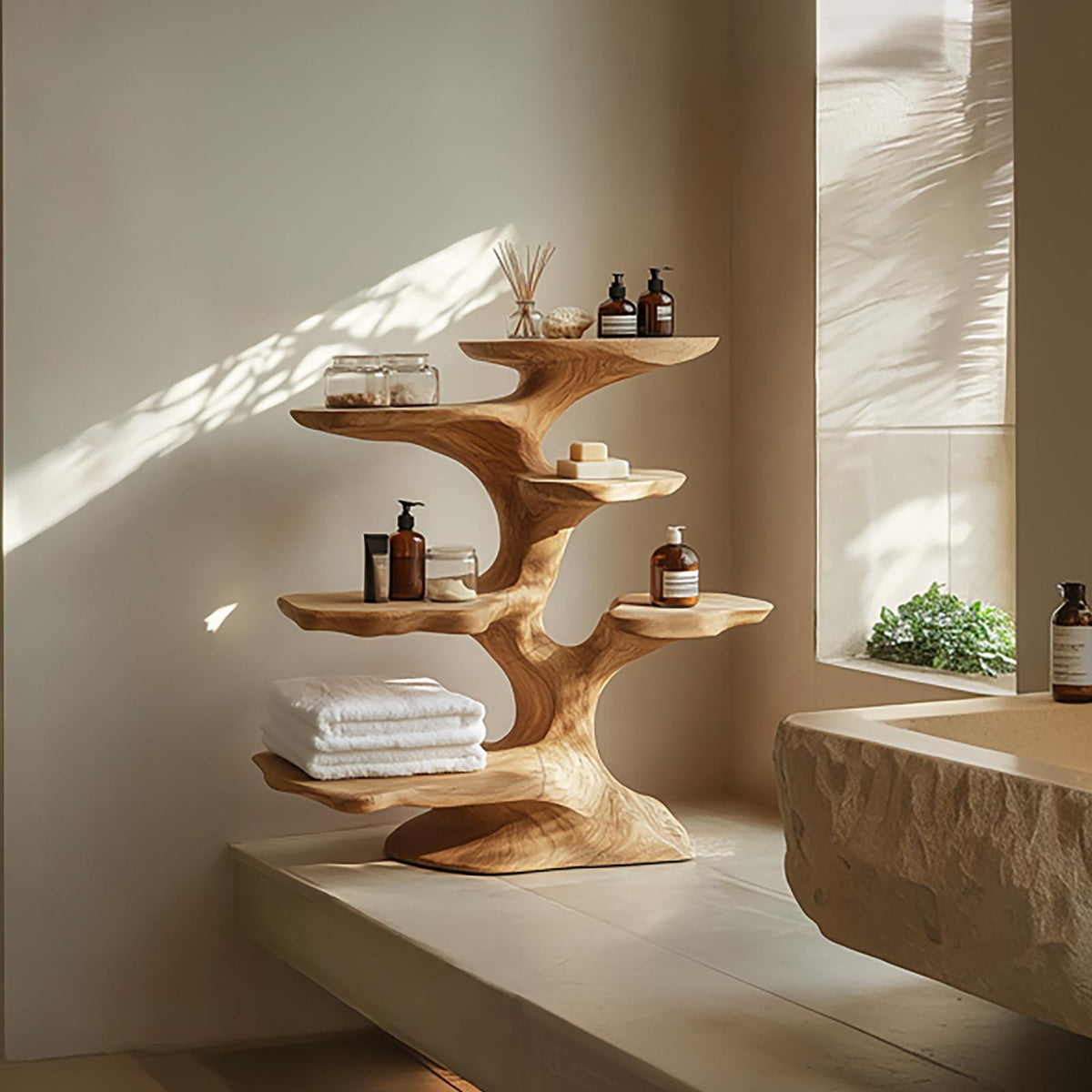 Organic Sculptural Tree Shelf For Bathroom Storage And Spa Style Interior