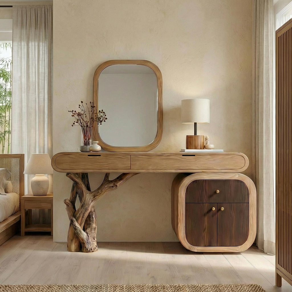 Spry Interior Rustic Dressing Table with Storage, Solid Wood Live Edge Makeup Vanity Desk, Bedroom Accent Table, SINLSABDT049