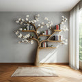 Rustic Flower Tree Wood Bookshelf, Floating Branch Shelf & Wall Display Storage Organizer for Living Room, Bedroom