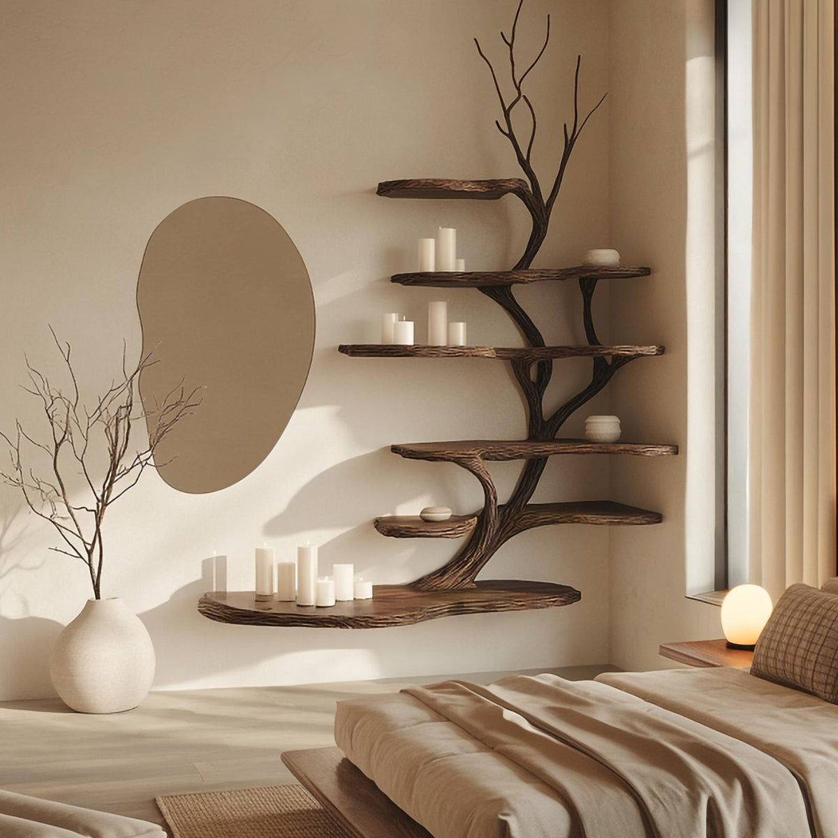 Organic Modern Artistic Wood Wall Display Shelf, Handcrafted Floating Bookcase for Bedroom Reading Room Decor