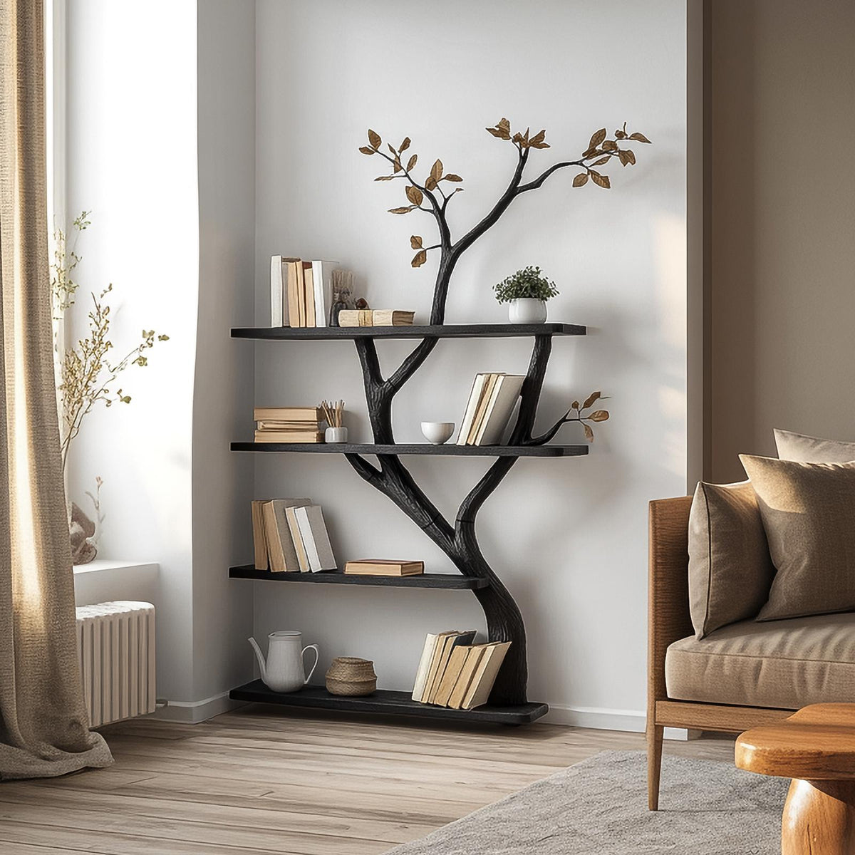 Handcrafted Tree Bookshelf, Freestanding Solid Wood Decorative Bookcase, Multi-Shelf Home Library Storage Organizer