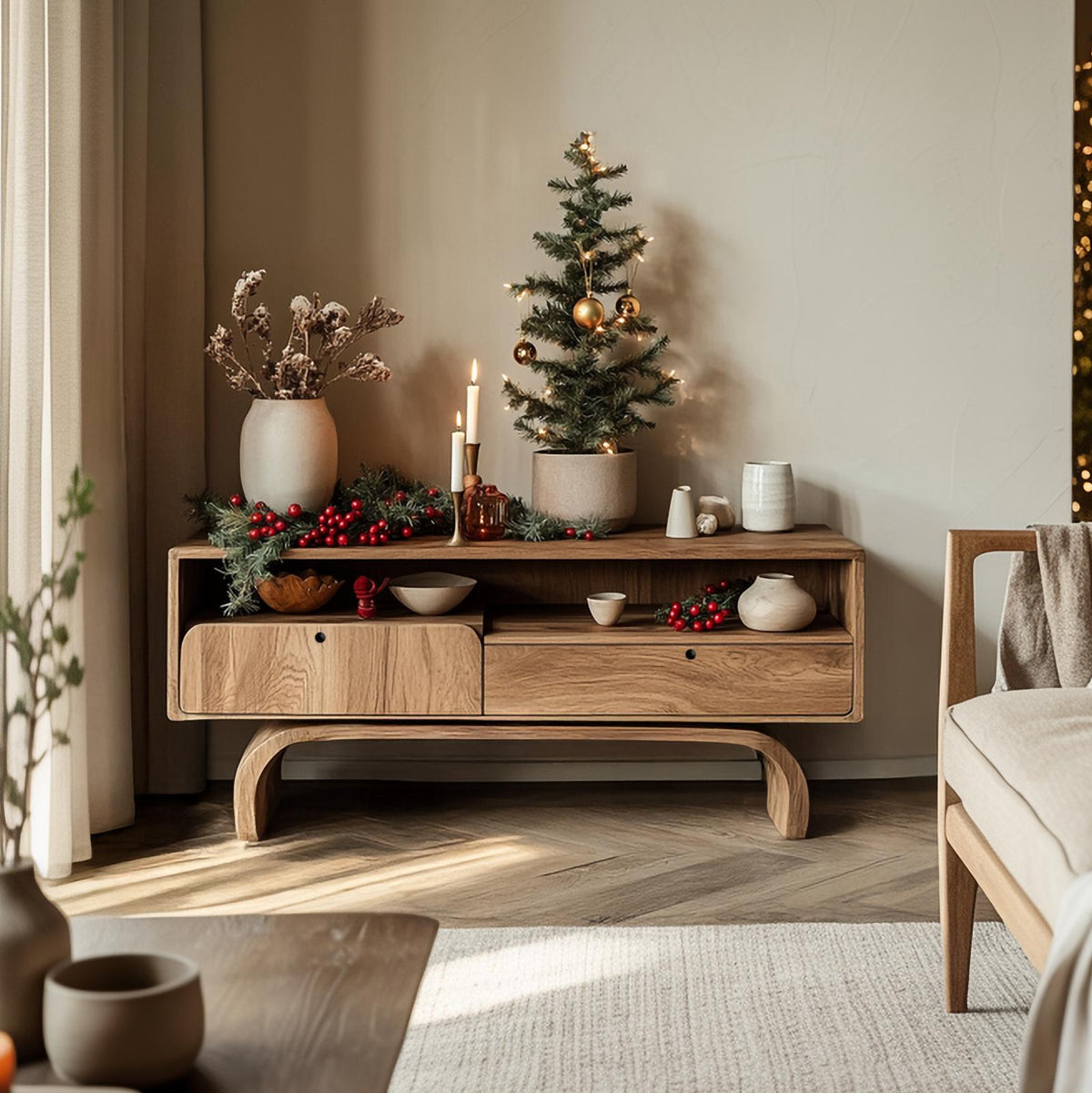 Rustic Wood Sideboard Storage Cabinet, Handcrafted Media Console Table for Living Room & Family Space