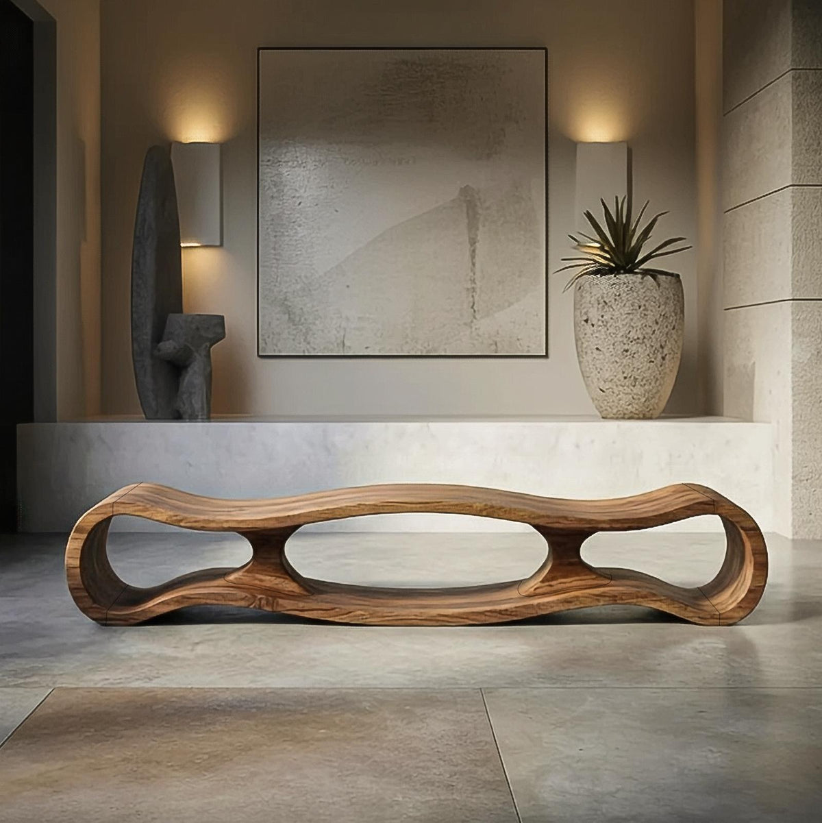Spry Interior Rustic Sculptural Solid Wood Bench, Art-Inspired Entryway Seating & Living Room Accent Bench, SINLSARS072