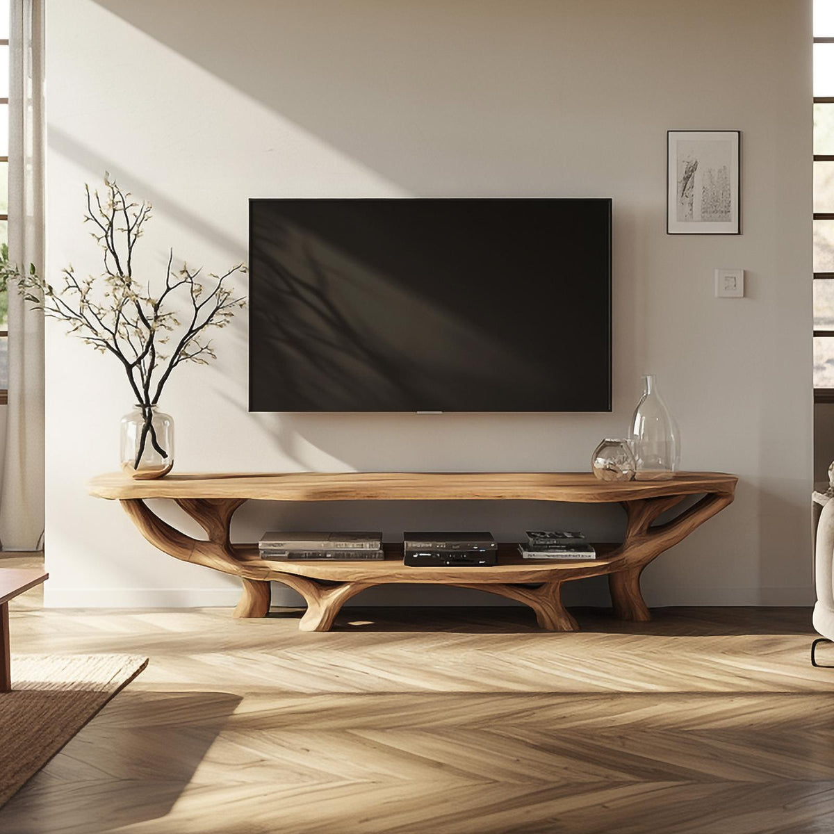 Rustic Organic Solid Wood TV Stand, Natural Live Edge Media Console Cabinet for Living Room & Bedroom