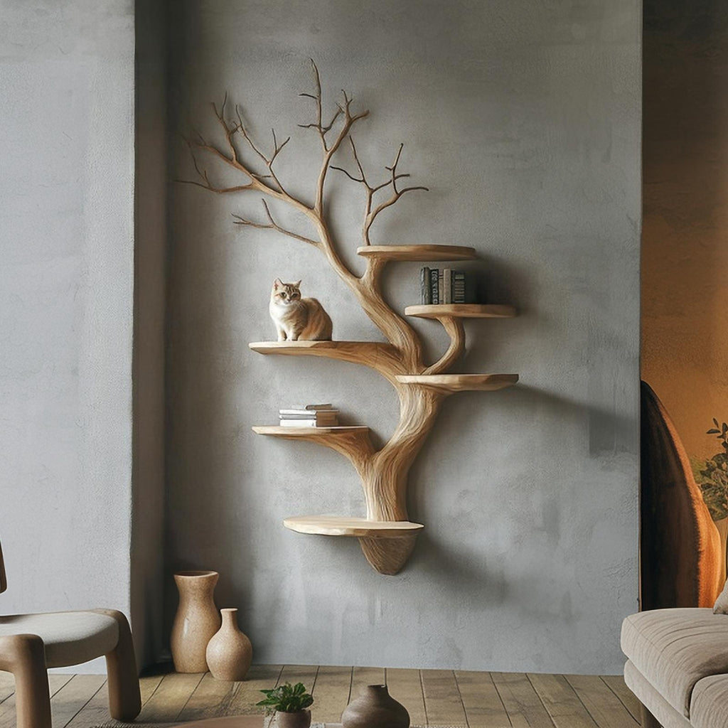 Organic Modern Wood Tree Display Shelf, Handcrafted Floating Branch Wall Mounted Bookcase for Living Room Art