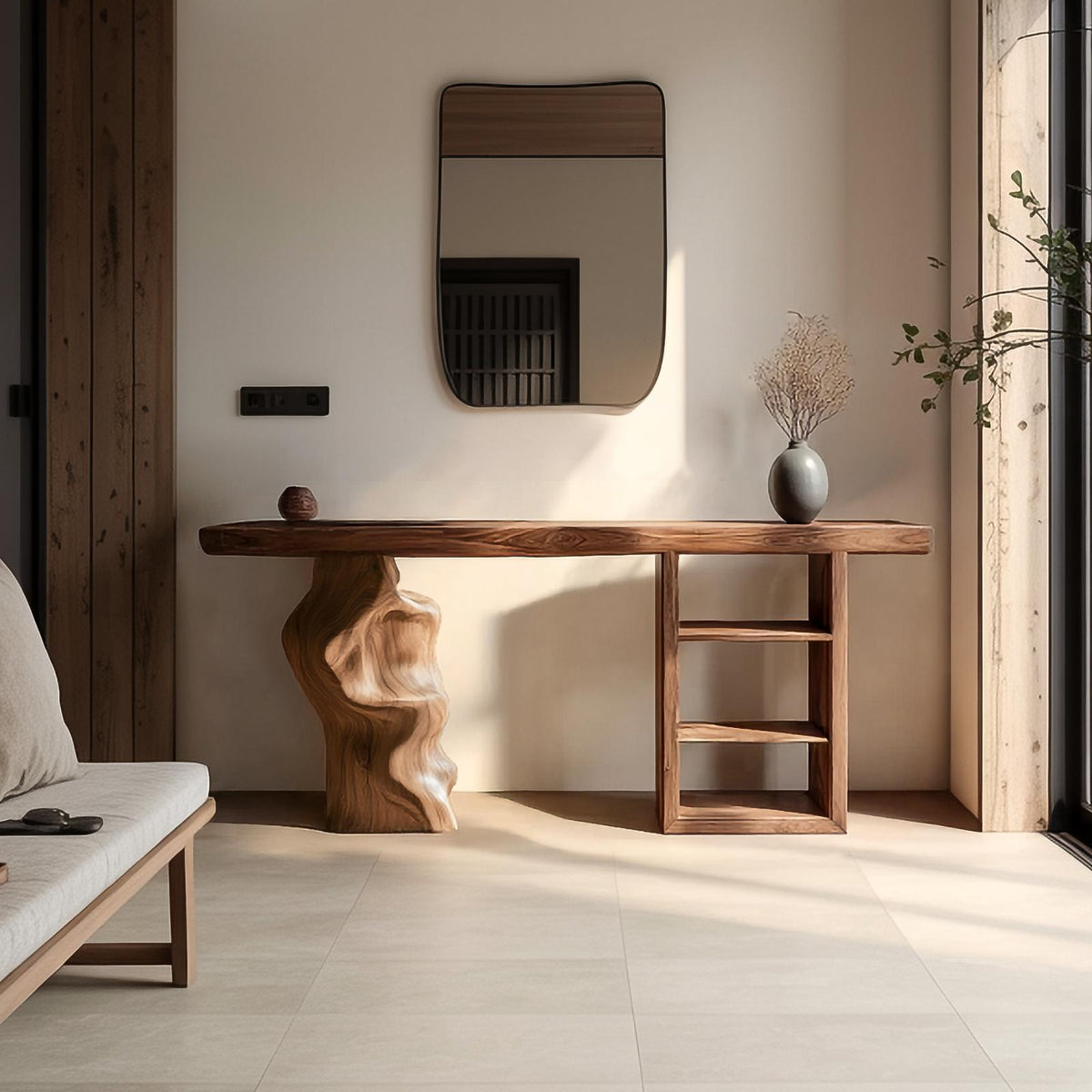 Japandi Organic Modern Solid Wood Console Table, Minimalist Wabi-Sabi Entryway & Living Room Accent Table