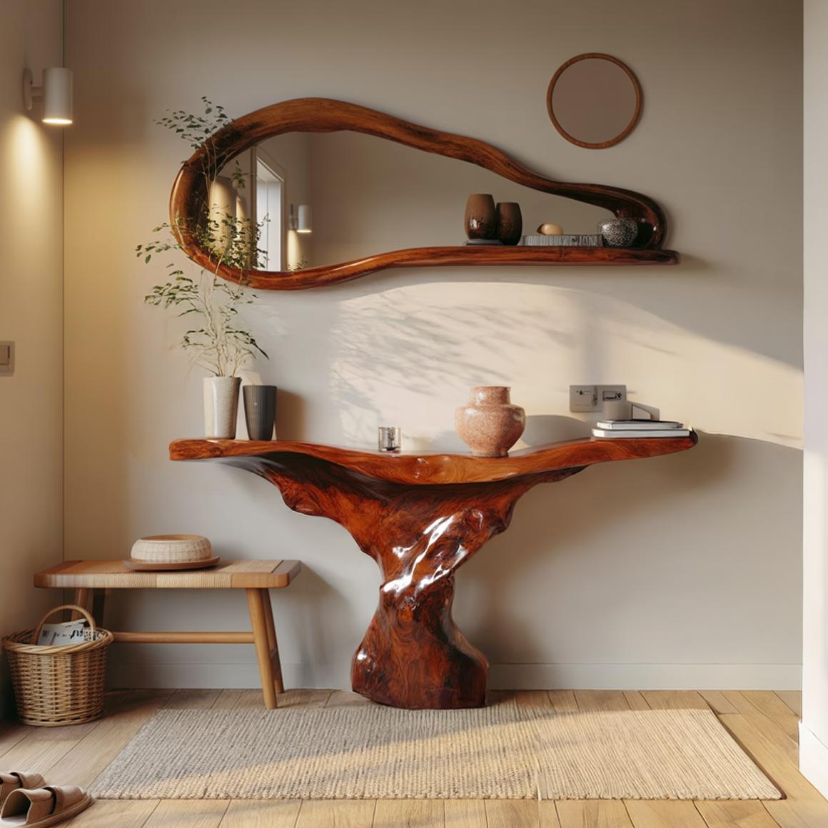 Mid Century Modern Console Table, Sculptural Wood Base, Artistic Statement Piece for Foyer & Living Room