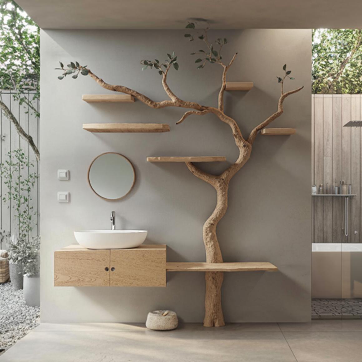 Rustic Organic Wood Tree Trunk Bathroom Vanity, Custom Live Edge Single Sink Pedestal Console, Model