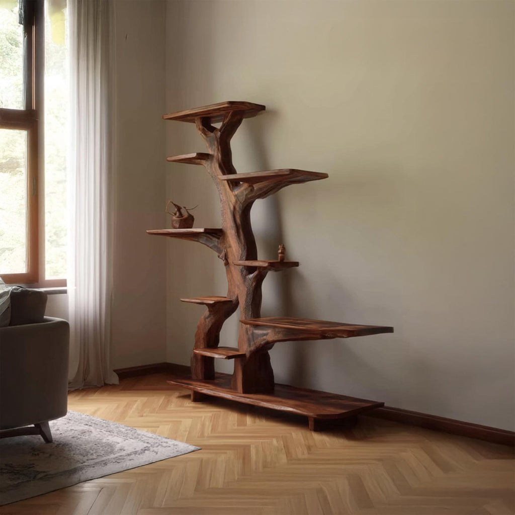 Rustic Free Standing Tree Bookshelf, Handcrafted Solid Wood Bookcase & Organizer for Living Room and Dining Room Storage