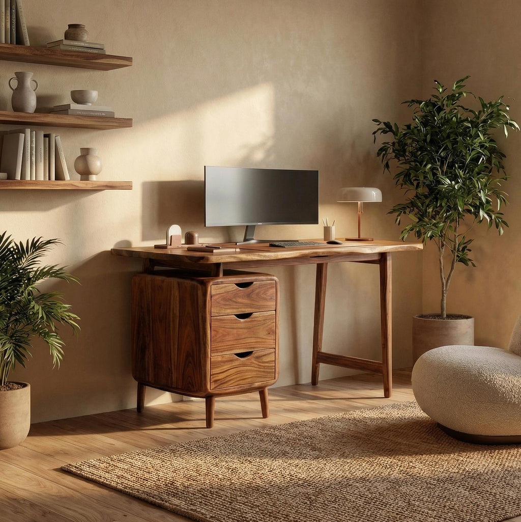 Mid Century Storage Desk, Solid Wood Computer Desk with Drawers for Home Office & Bedroom