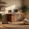 Mid Century Storage Desk, Solid Wood Computer Desk with Drawers for Home Office & Bedroom
