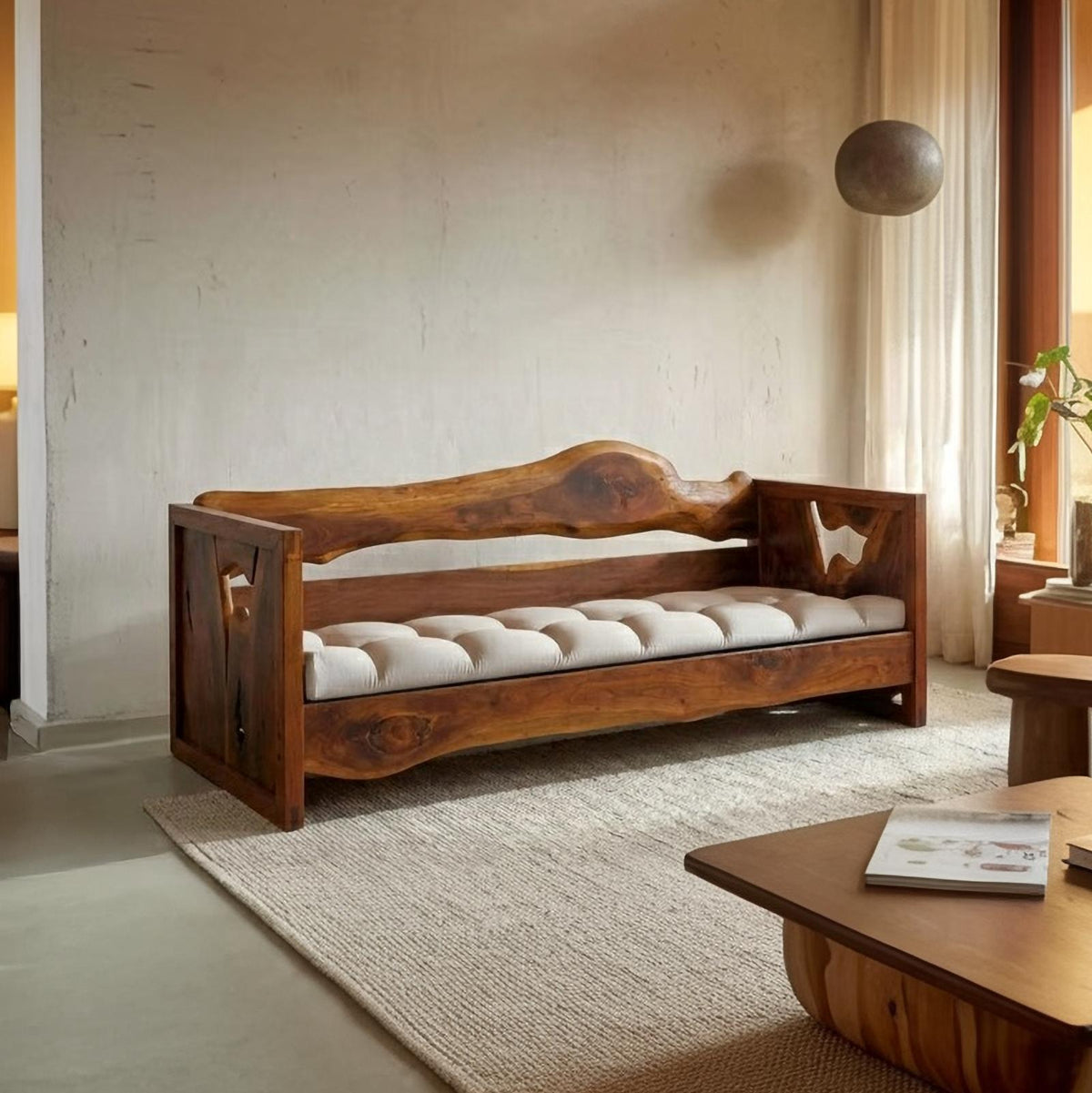 Rustic Solid Wood Sofa, Handcrafted Live Edge Natural Sculptural Couch/Daybed Frame for Living Room
