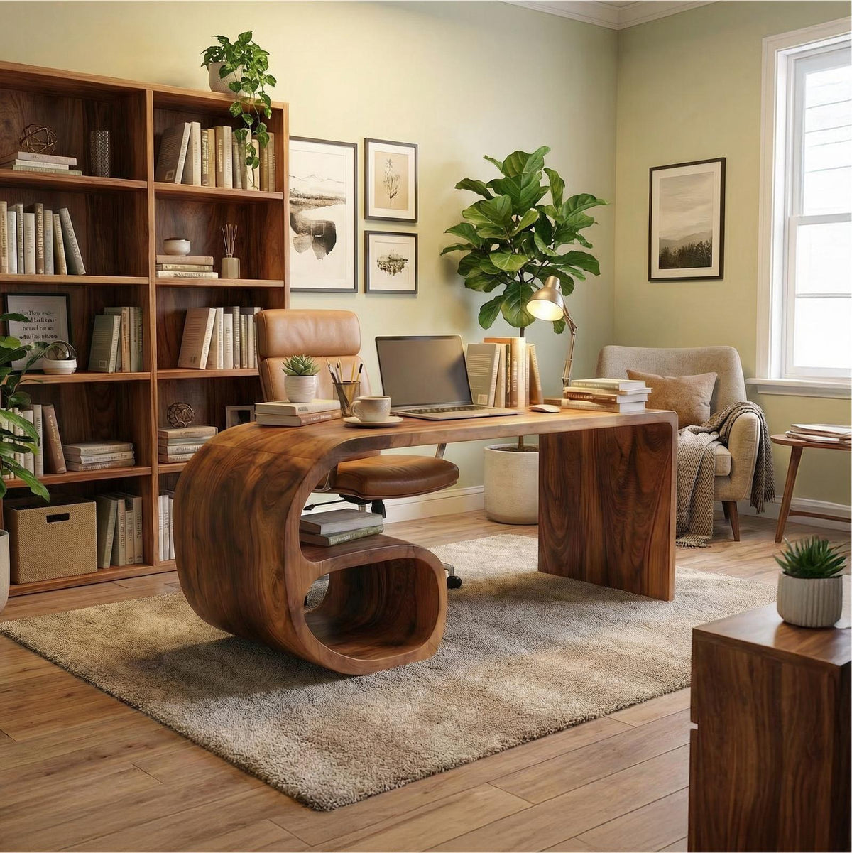 Modern Sculptural Desk, Solid Wood Artistic Computer Writing Desk for Home Office
