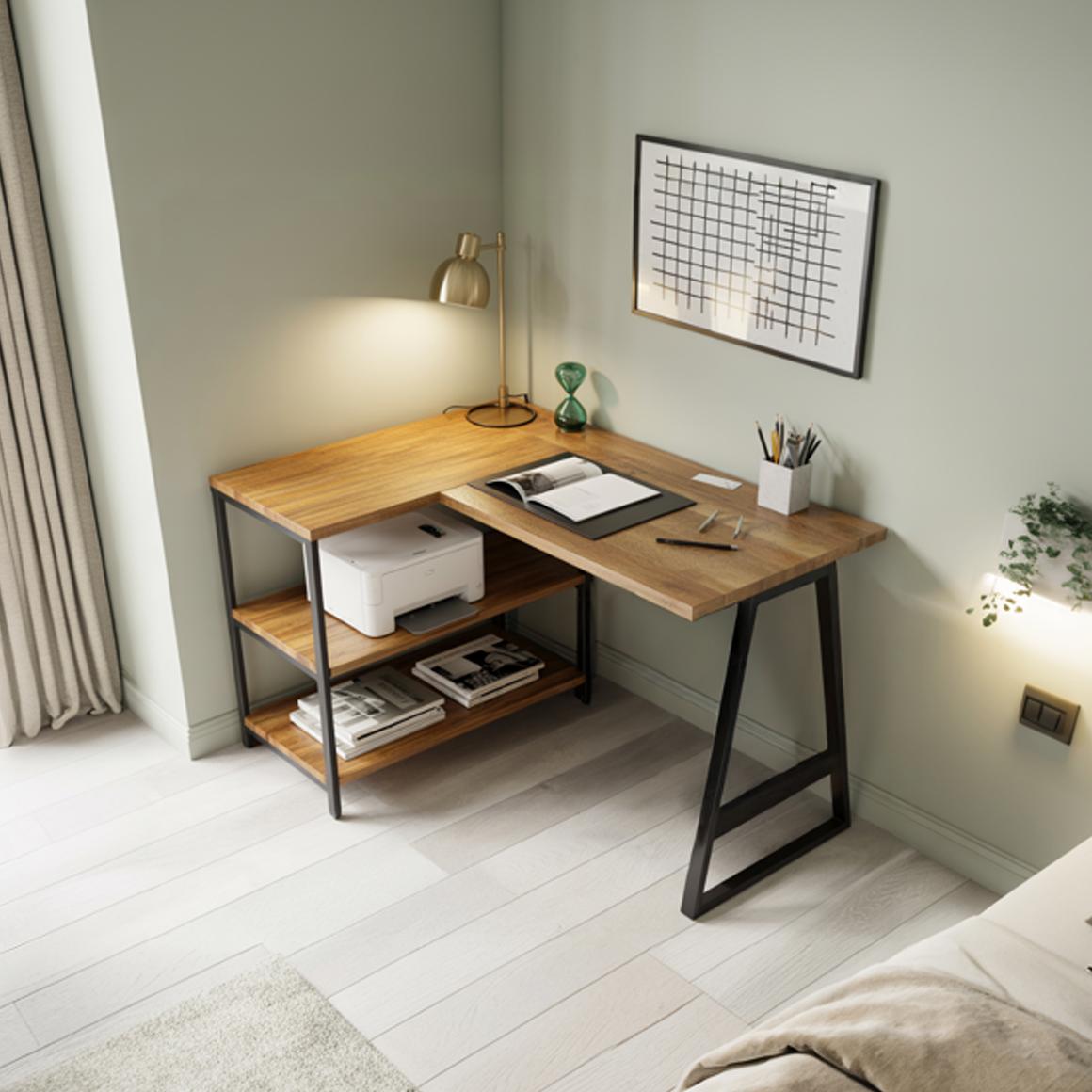 Modern Organic Line Corner Office Desk, L-Shaped Solid Wood Computer Writing Table for Bedroom & Study Workroom