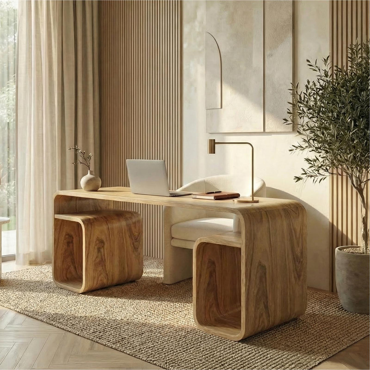 Japandi Curved Desk, Solid Wood Modern Writing Computer Desk for Bedroom & Study Room