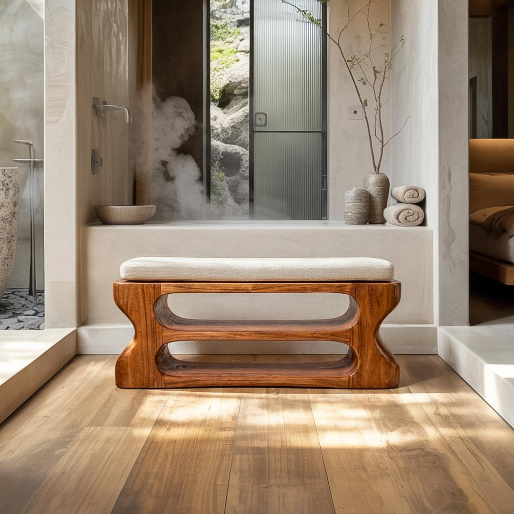 Rustic Sculptural Bench, Solid Wood Handcrafted Live Edge Entryway Bench, Living Room Dining Accent Seating