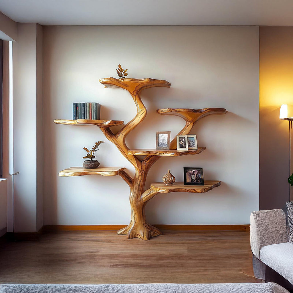 Rustic Mushroom Tree Bookshelf, Solid Wood Wall Hanging Bookcase & Artistic Display Unit for Living Room & Bedroom Decor