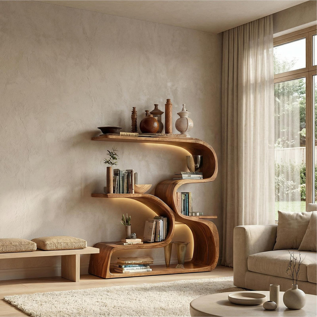 Rustic Artistic Solid Wood Bookshelf, Unique Floating Wall Book Display Shelf for Living Room Wall Decor