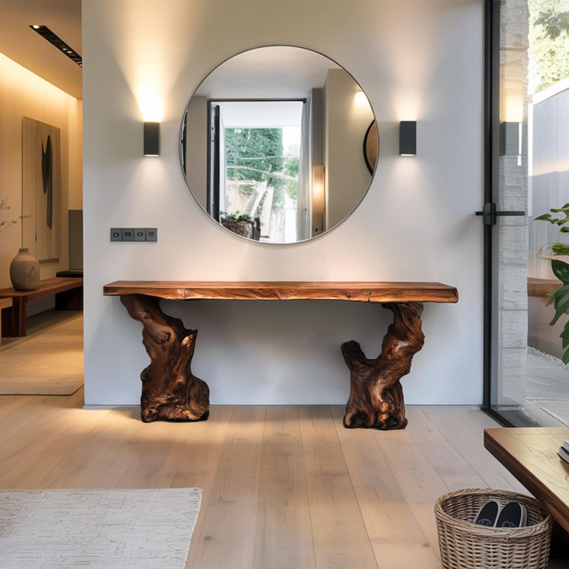 Mid Century Modern Console Table, Sculptural Wave Wood Base, Compact Entryway & Apartment Accent Table
