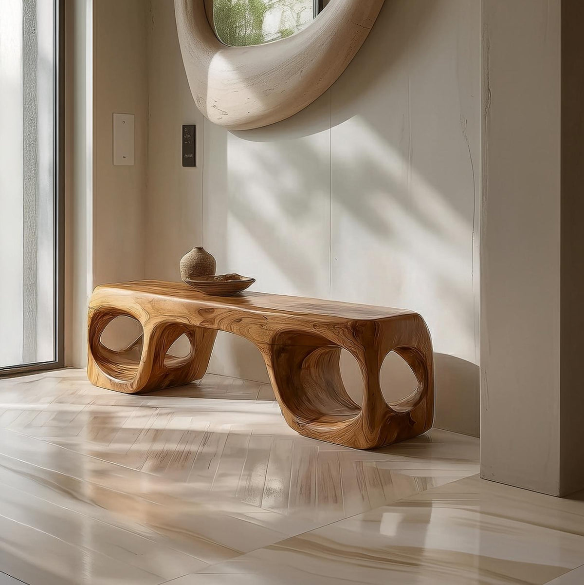 Spry Interior Rustic Organic Shape Wood Bench, Live Edge Bedroom & Living Room Seating Bench, SINLSARS074