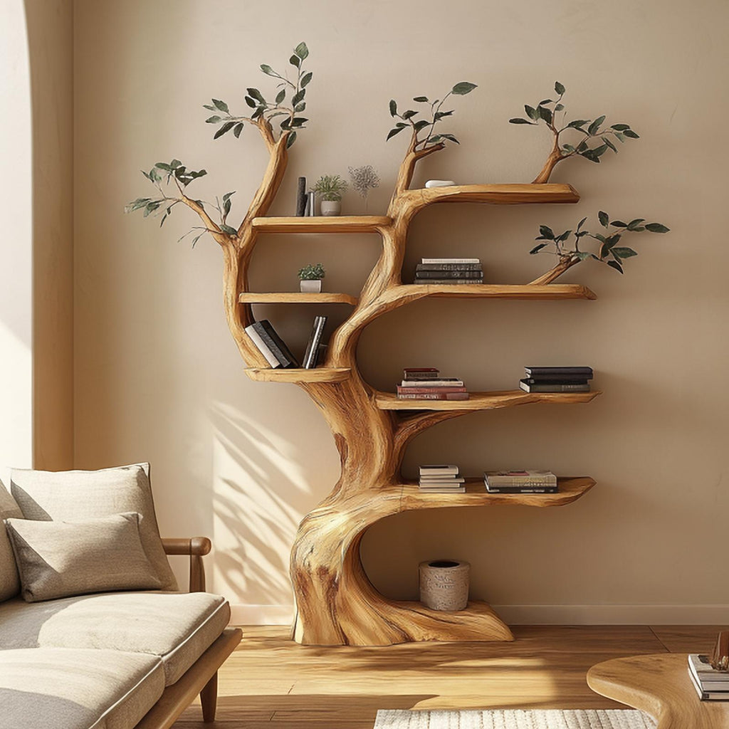 Handcrafted Tree Storage Shelf, Solid Wood Branch Display Bookcase, Statement Living Room Wall Interior Decor