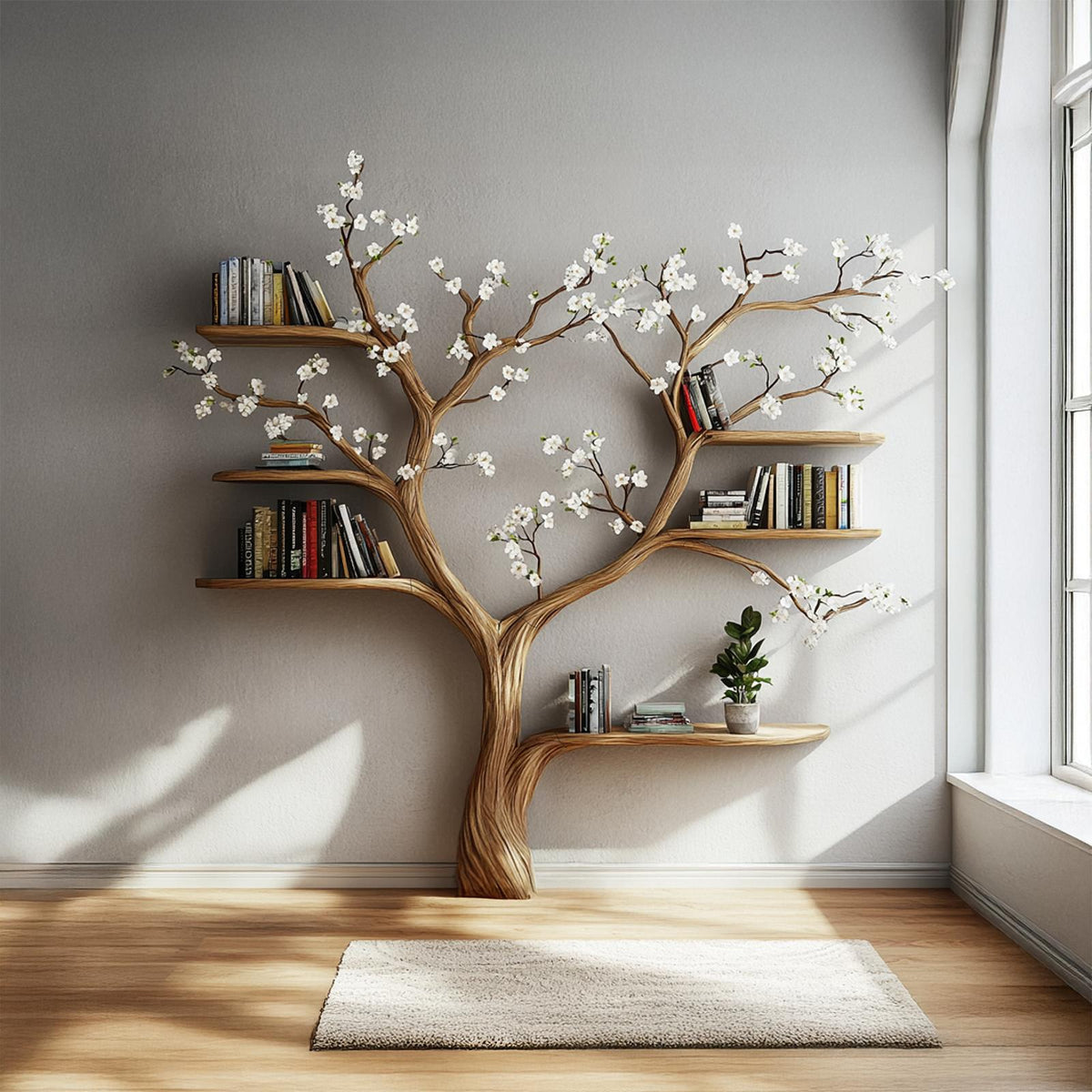 Rustic Flowering Tree Wood Bookshelf, Handcrafted Branch Bookcase Organizer & Decorative Shelf for Living Room