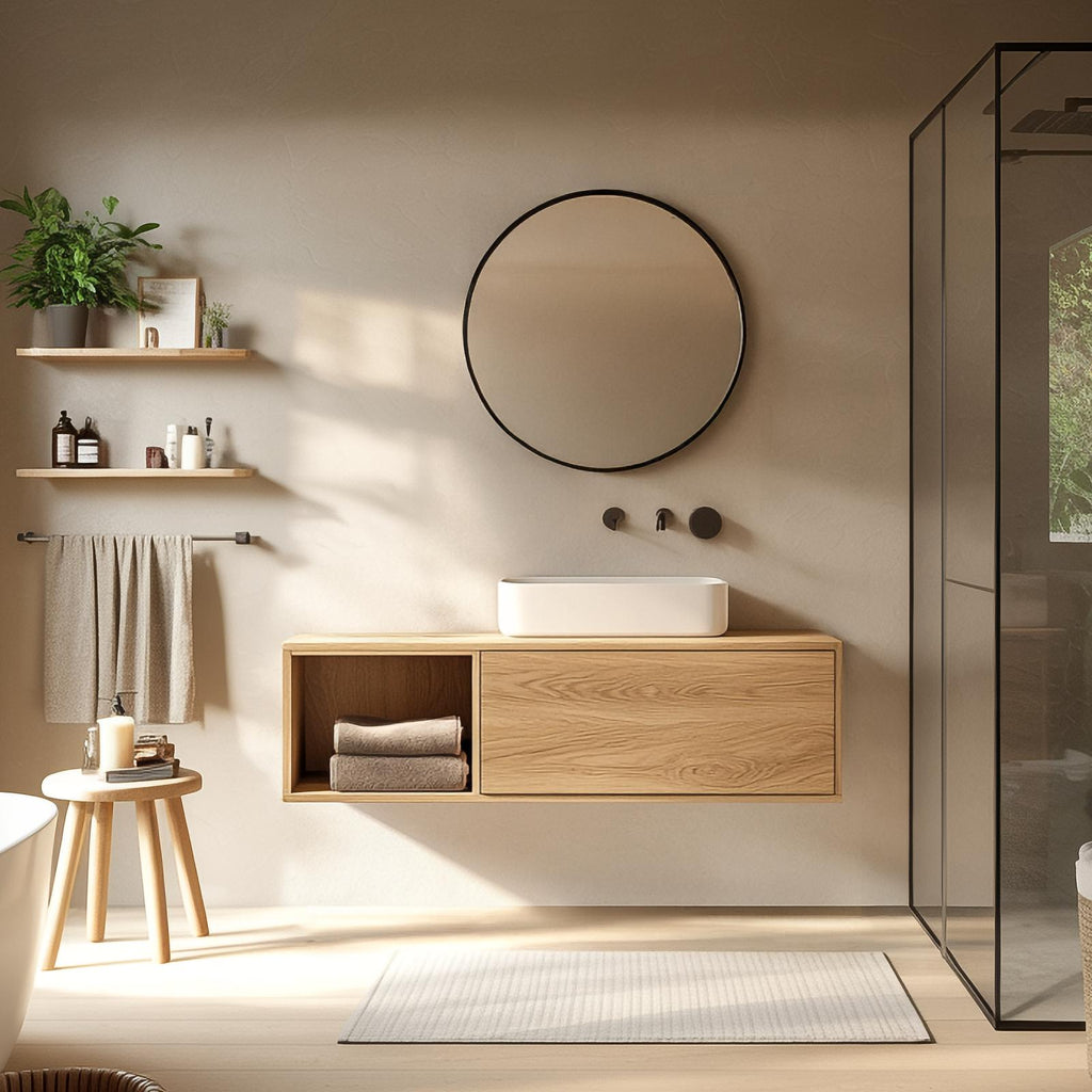 Spry Interior Floating Bathroom Vanity Cabinet, Rustic Minimalist Solid Wood Single Washstand Shelf, Wall Mounted Bathroom Storage SINLSABRV240