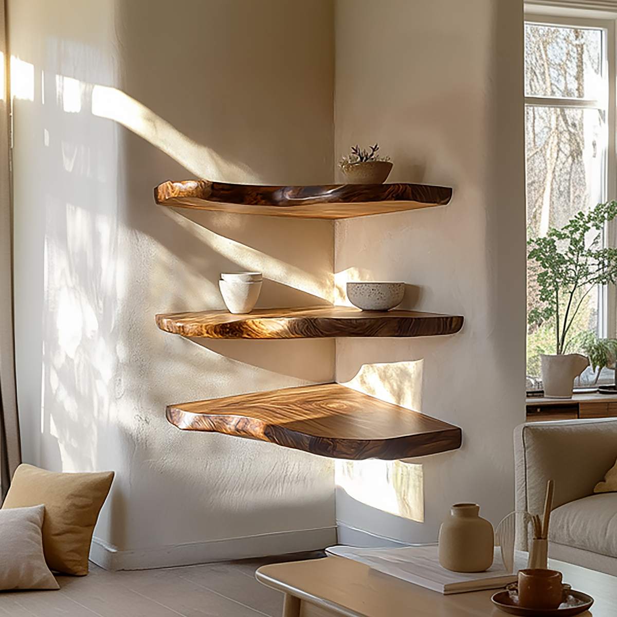 Organic Nature Inspired Solid Wood Floating Display Shelves, Wall Mounted Accent Ledge for Modern Living Room Decor