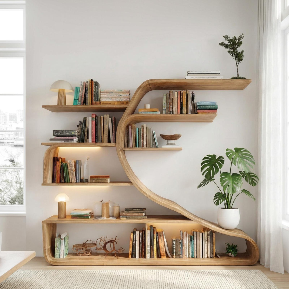 Rustic Sculptural Wood Wall Bookshelf, Floating Tree-Shape Book Display Shelf for Bedroom & Living Room