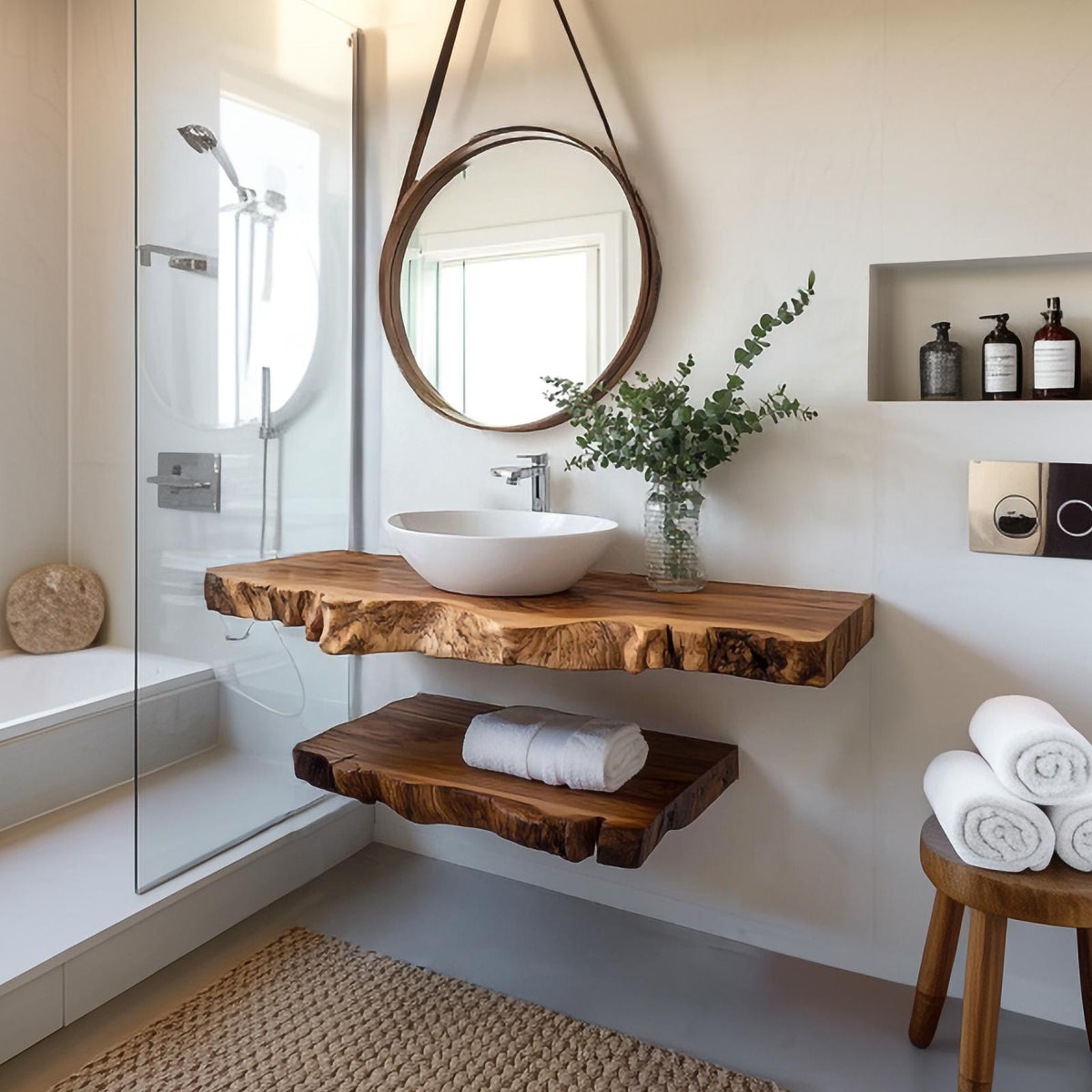 Spry Interior Rustic Floating Bathroom Vanity Shelf, Handcrafted Textured Solid Wood Single Sink Washstand, Farmhouse Wall Mount Decor SINLSABRV242
