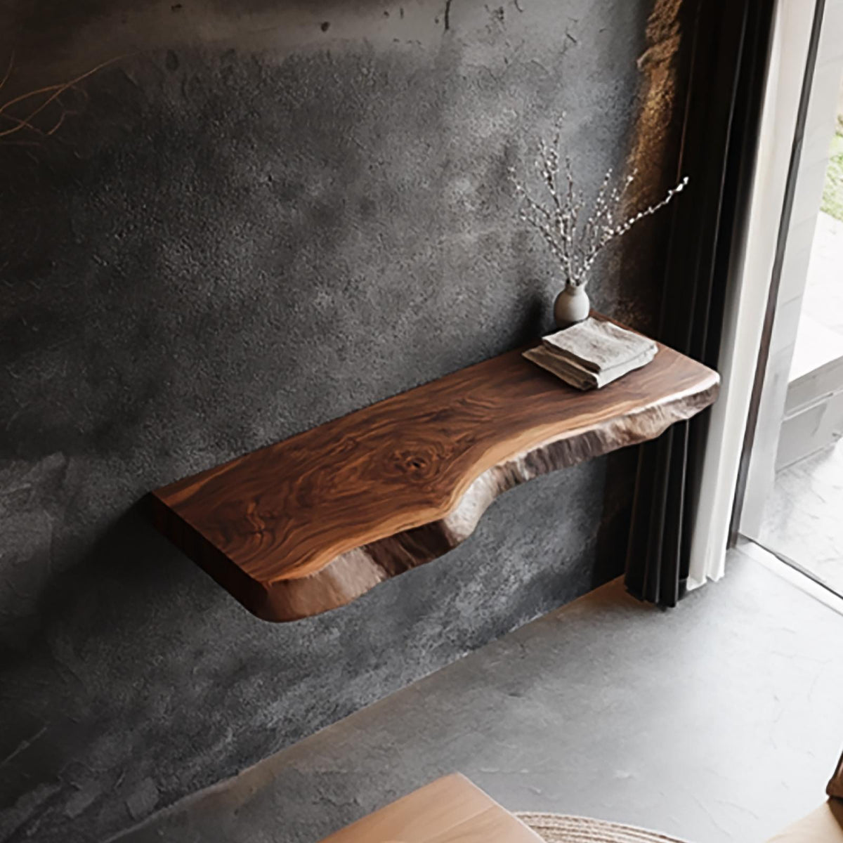 Rustic Live Edge Solid Wood Floating Shelf, Wall Mounted Hardwood Display Ledge for Living Room & Foyer Interior