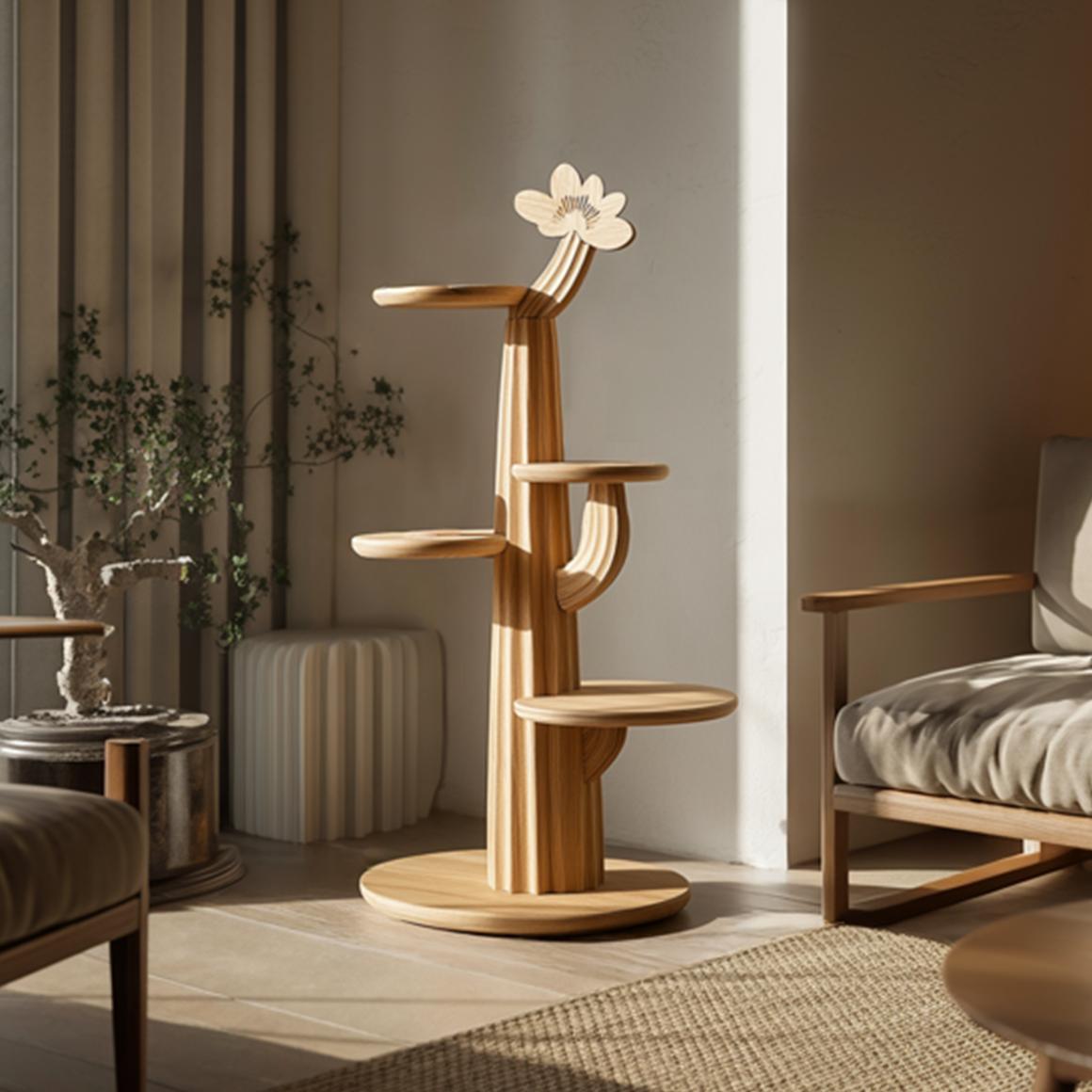 Rustic Modern Tree Tower Solid Wood Bookshelf, Unique Tall Display Storage Shelving Unit for Living Room