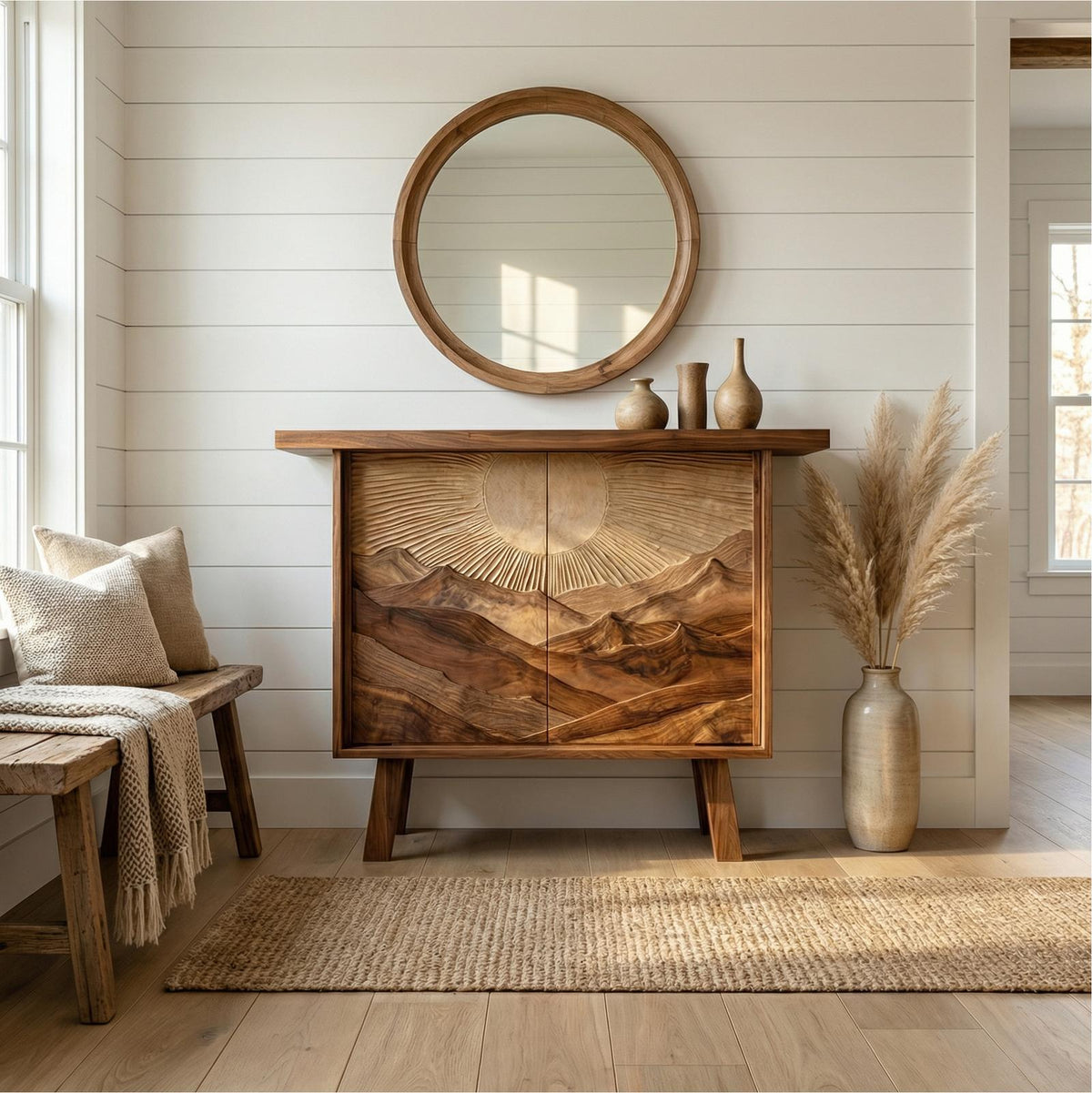 Spry Interior Rustic Mountain Carved Sideboard, Solid Wood Dining Room Buffet Cabinet, Art Deco Storage Credenza for Living Room, SINLSASC476