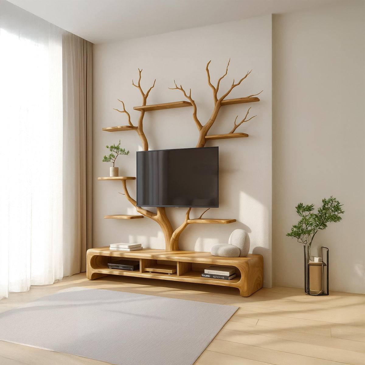 Rustic TV Stand Tree Shelf Living
