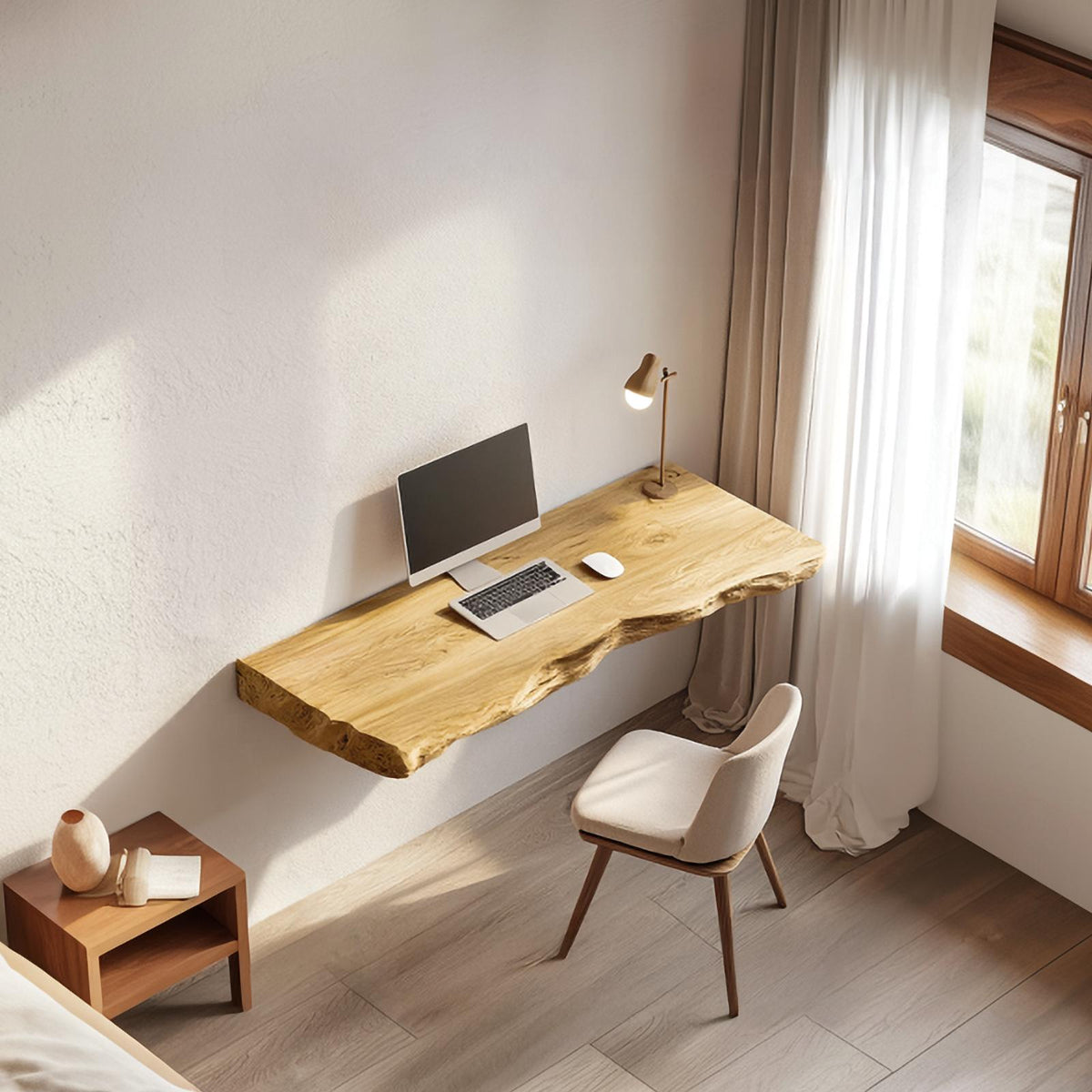 Rustic Sculptural Wall Mounted Console Desk Solid Wood Home Office Interior Modern Workspace