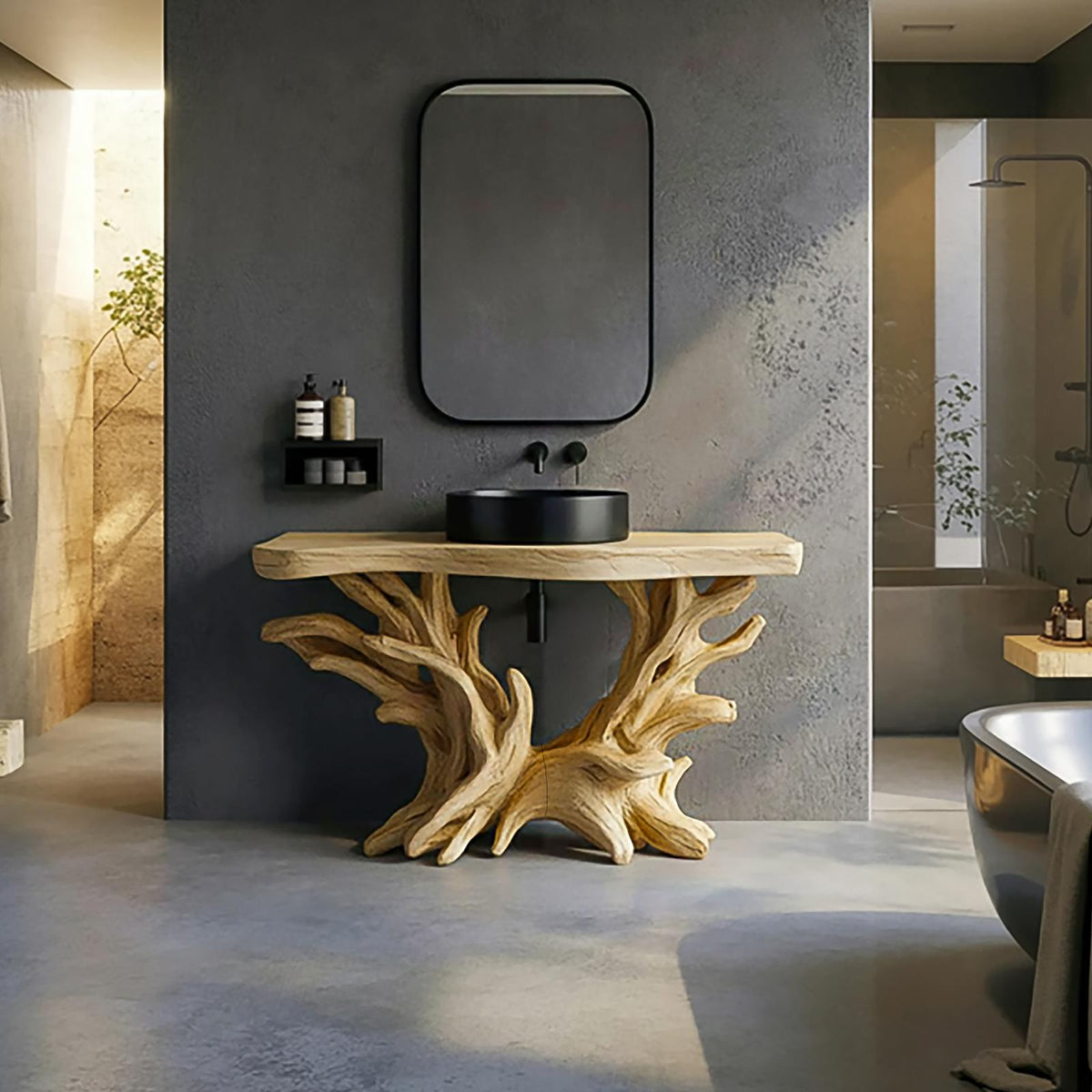 Spry Interior Sculptural Rustic Bathroom Vanity, Freestanding Natural Wood Root Console Base and Bathroom Accent Storage, SINLSABRV257