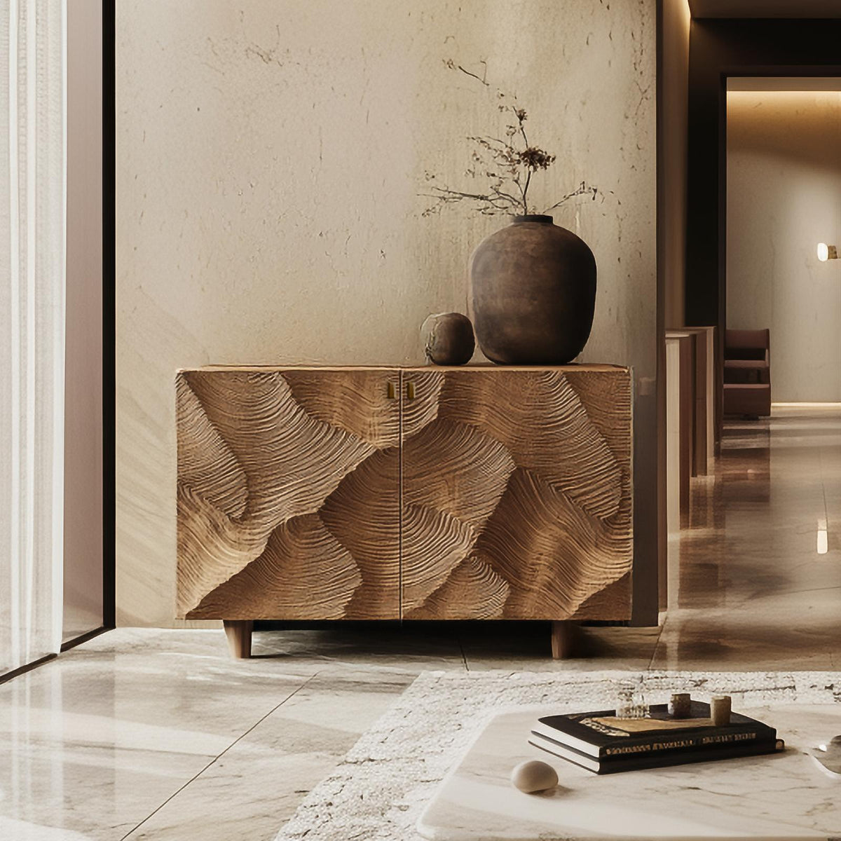 Spry Interior Organic Modern Wood Sideboard Storage Cabinet, Handcrafted Credenza Buffet Entertainment Console for Dining Room, SINLSASC354