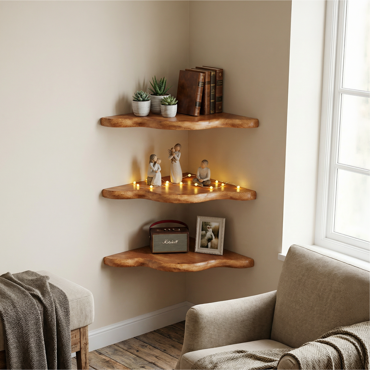 Rustic Floating Corner Shelf, Wall Mounted Solid Wood Display Shelves for Living Room, Bedroom & Office, Accent Decor